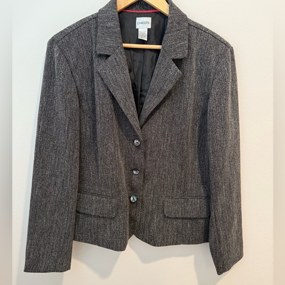 Excellent Chicos Size 2 (US 12) Grey Black Button Blazer, Work Classic Business - Picture 1 of 10